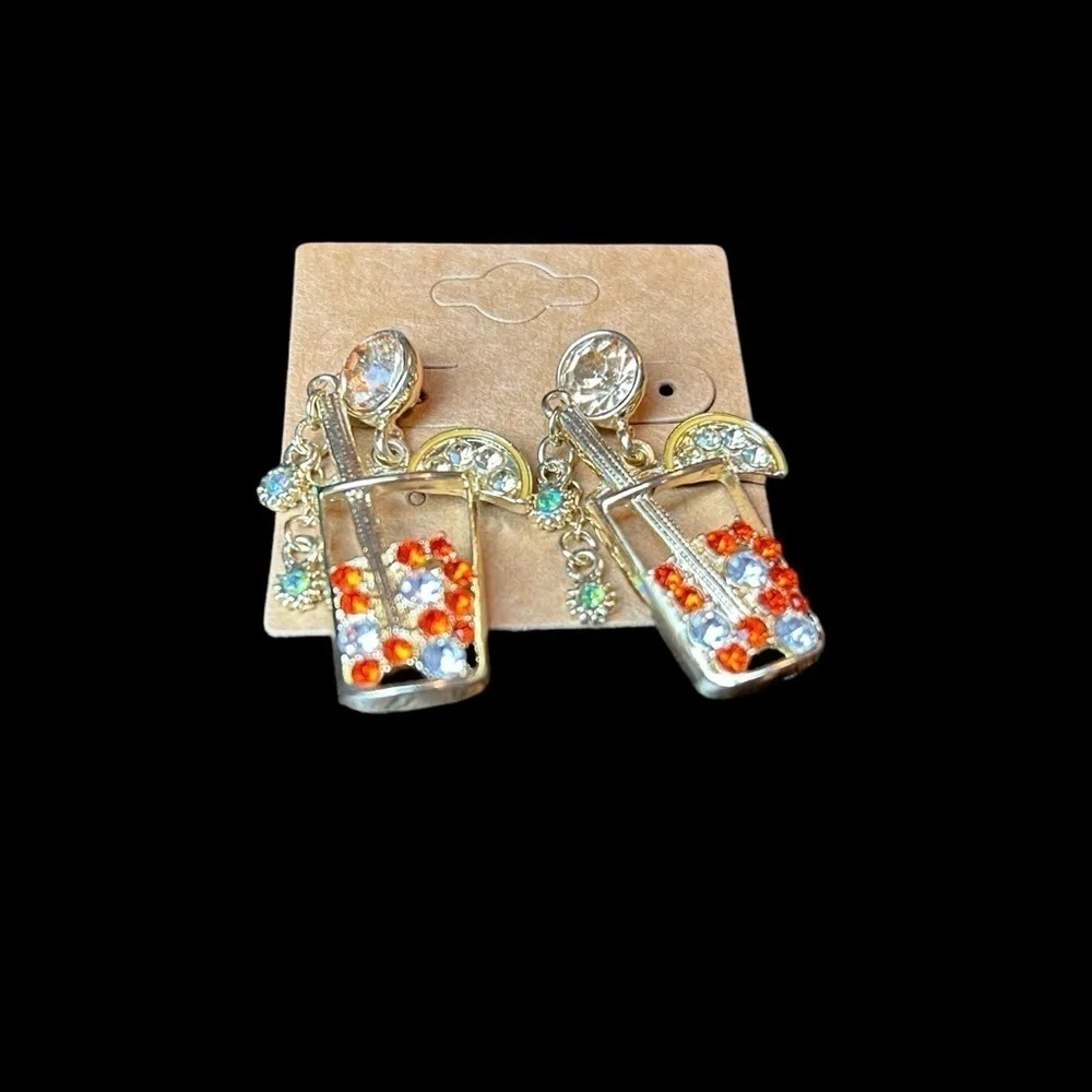 Tropical Drink Rhinestone Dangle Earrings NWOT